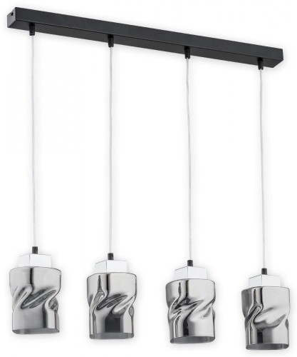Lampa wisząca MERU 4xE27 Lemir zachwyca grafitowymi szklanymi kloszami i eleganckimi chromowanymi detalami. Regulowana wysokość oraz funkcja podziału świecenia 2+2 sprawiają, że doskonale sprawdzi się nad stołem lub wyspą kuchenną.
