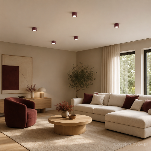 Bordowa lampa sufitowa MODO SL.2454 marki Sollux ma niewielką, cylindryczną oprawę i gwint GX53. Plafon o szerokości 10 cm można zamontować pojedynczo lub połączyć z kilkoma lampami, tworząc efektowną kompozycję na suficie.