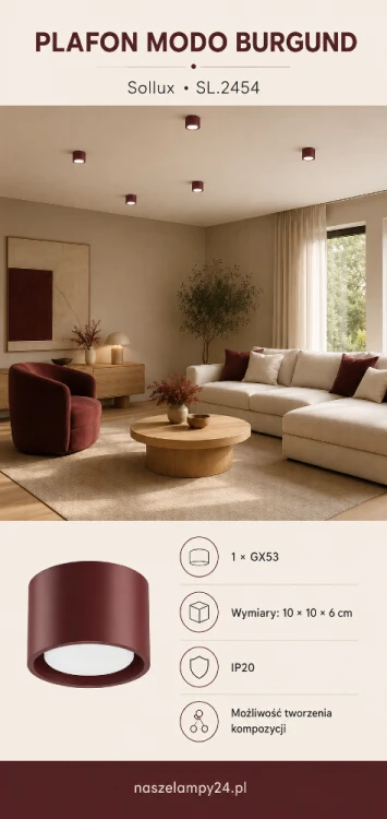 Kompaktowy plafon MODO burgund ma 10 cm szerokości i tylko 6 cm wysokości. Cylindryczna lampa z wymiennym źródłem światła GX53 pasuje do salonu, kuchni, sypialni, pokoju dziecięcego, garderoby oraz nowoczesnego korytarza.