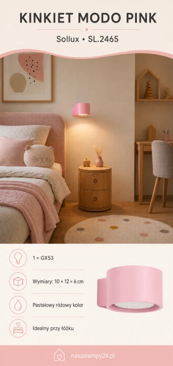Kinkiet MODO Pink Sollux w delikatnym różowym kolorze idealnie pasuje przy łóżku, biurku lub kąciku do nauki. Kompaktowa oprawa 1xGX53 ma wymiary 10 × 12 × 6 cm i dobrze komponuje się z bielą, beżem oraz jasnym drewnem.
