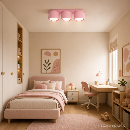 Różowa lampa sufitowa MODO SL.2468 marki Sollux posiada trzy wymienne źródła światła GX53. Pastelowy plafon doskonale komponuje się z bielą, beżem i jasnym drewnem. Sprawdzi się w pokoju dziecka, sypialni lub garderobie.