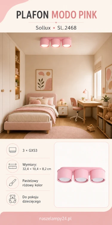 Plafon MODO 3xGX53 w pastelowym różowym kolorze to nowoczesne oświetlenie pokoju dziecięcego. Lampa Sollux SL.2468 jest montowana bezpośrednio na suficie i ma wymiary 32,4 × 10,4 × 8,2 cm. Żarówki nie są dołączone.