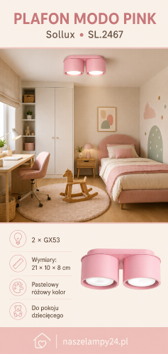 Różowa lampa sufitowa MODO SL.2467 marki Sollux posiada dwa wymienne źródła światła GX53. Pastelowy plafon montowany bezpośrednio przy suficie sprawdzi się w pokoju dziecka, sypialni, garderobie lub korytarzu.