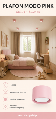 Różowa lampa sufitowa MODO SL.2466 marki Sollux współpracuje z wymiennym źródłem światła GX53. Pastelowy plafon można zamontować pojedynczo lub stworzyć kompozycję kilku opraw. Wymiary lampy wynoszą 10 × 10 × 6 cm.