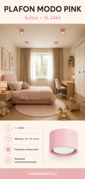 Różowa lampa sufitowa MODO SL.2466 marki Sollux współpracuje z wymiennym źródłem światła GX53. Pastelowy plafon można zamontować pojedynczo lub stworzyć kompozycję kilku opraw. Wymiary lampy wynoszą 10 × 10 × 6 cm.