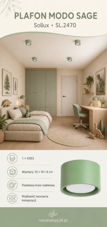 Plafon MODO 1xGX53 w szałwiowym kolorze to nowoczesne oświetlenie pokoju dziecka, sypialni lub korytarza. Kompaktowa oprawa Sollux SL.2470 ma wymiary 10 × 10 × 6 cm i jest montowana bezpośrednio przy suficie.