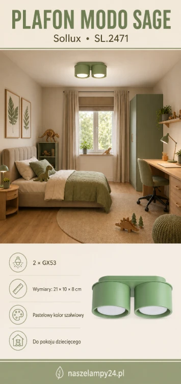 Plafon MODO 2xGX53 w pastelowym, szałwiowym kolorze to nowoczesne oświetlenie pokoju dziecka lub nastolatka. Kompaktowy model Sollux SL.2471 ma wymiary 21 × 10 × 8 cm i nie posiada linek ani zwisających elementów.