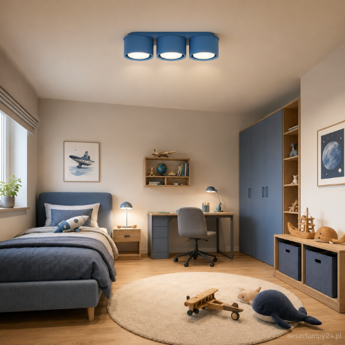 Niebieska lampa MODO SL.2488 marki Sollux posiada trzy wymienne źródła światła GX53. Nowoczesny plafon montowany bezpośrednio na suficie pasuje do pokoju dziecka, sypialni lub kącika do nauki. Żarówki nie są dołączone.