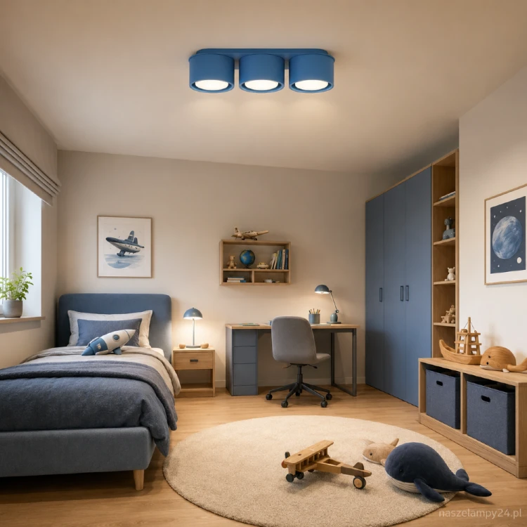 Niebieska lampa MODO SL.2488 marki Sollux posiada trzy wymienne źródła światła GX53. Nowoczesny plafon montowany bezpośrednio na suficie pasuje do pokoju dziecka, sypialni lub kącika do nauki. Żarówki nie są dołączone.