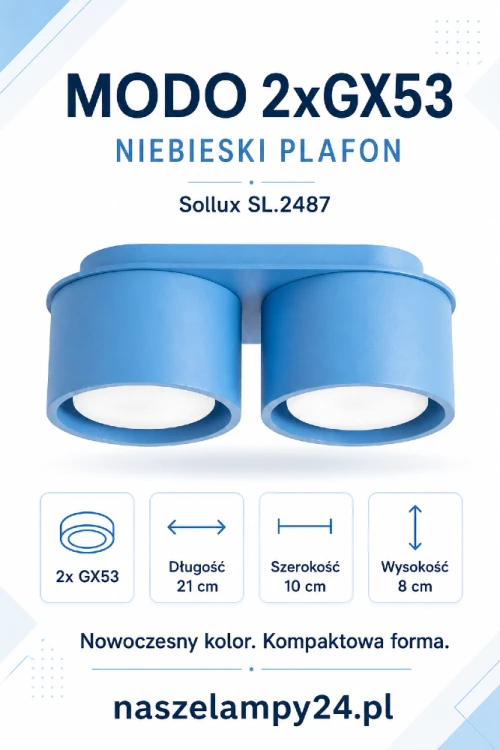 Nowoczesna lampa sufitowa MODO 2xGX53 w kolorze niebieskim ożywi każde wnętrze. Plafon Sollux SL.2487 ma 21 cm długości, 10 cm szerokości i 8 cm wysokości. Idealny do pokoju dziecięcego, młodzieżowego, sypialni, holu oraz garderoby. Wybierz model do domu!