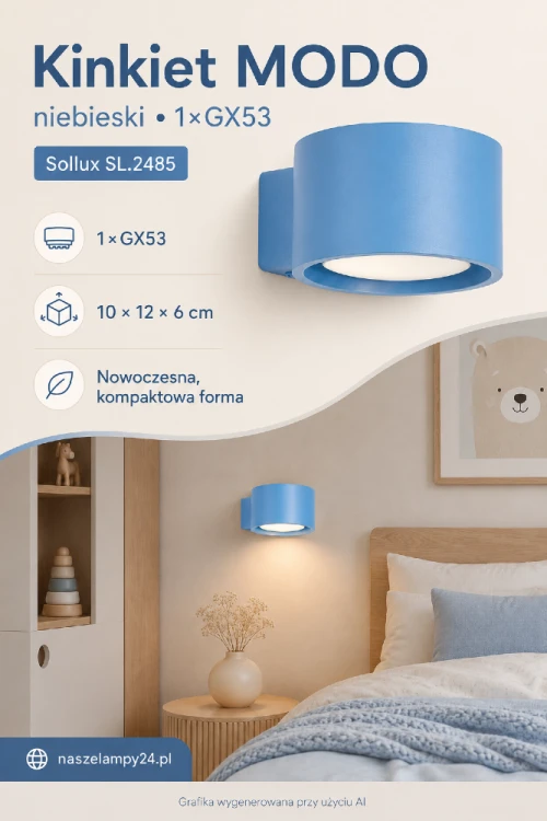 Kinkiet MODO Blue SL.2485 marki Sollux to nowoczesna lampa ścienna przeznaczona na żarówkę GX53. Błękitny kolor i geometryczna forma pasują do pokoju dziecięcego, młodzieżowego, sypialni oraz wnętrz w stylu skandynawskim.