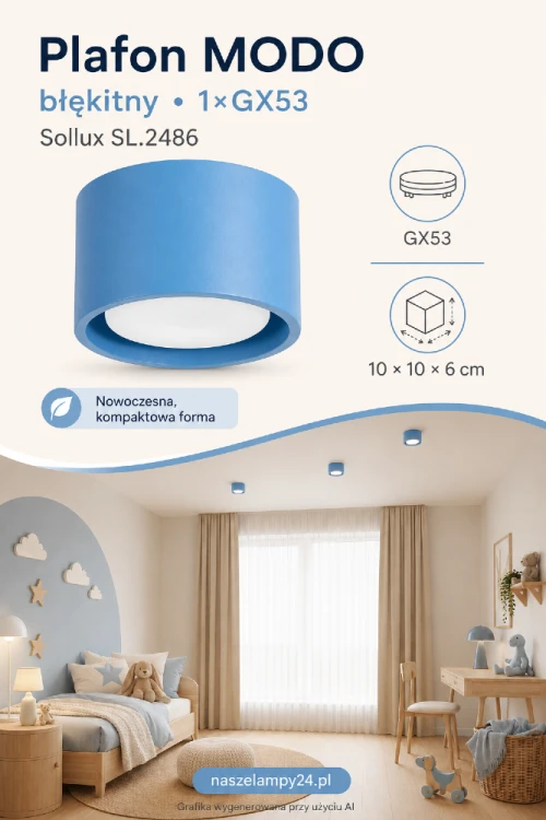 Lampa ścienna MODO Blue Sollux SL.2485 wyróżnia się kompaktową konstrukcją i niebieskim kolorem. Oprawa na jedno źródło światła GX53 pasuje do nowoczesnego pokoju dziecięcego, sypialni, salonu, garderoby i korytarza.