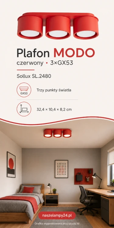 Czerwony plafon MODO Sollux SL.2480 z trzema oprawami GX53 zapewnia praktyczne oświetlenie i efektowny akcent kolorystyczny. Wymiary 32,4 × 10,4 × 8,2 cm pozwalają zamontować lampę również w niższym pomieszczeniu.
