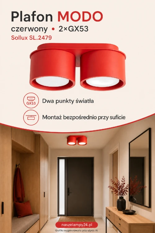 Plafon MODO Red 2xGX53 marki Sollux to kompaktowa lampa sufitowa z dwiema cylindrycznymi oprawami. Czerwone wykończenie ożywi nowoczesny przedpokój, sypialnię, pokój dziecięcy, gabinet lub niewielką kuchnię.
