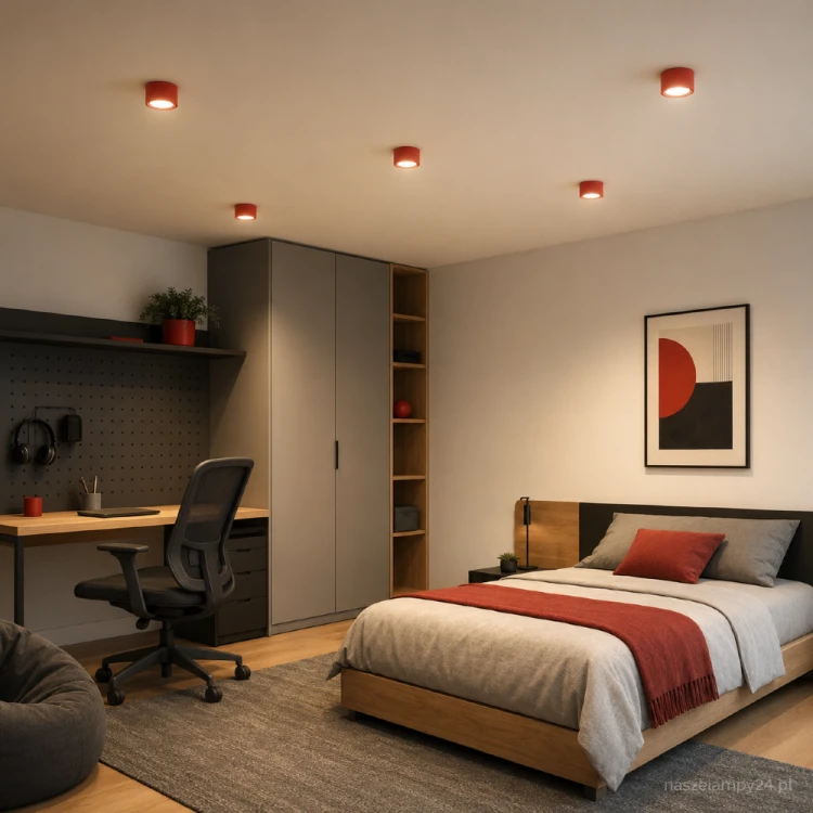 Czerwony plafon MODO Sollux SL.2478 z oprawą GX53 łączy cylindryczny kształt z intensywnym kolorem. Niewielka lampa montowana przy suficie sprawdzi się pojedynczo lub w kompozycji kilku punktów świetlnych.
