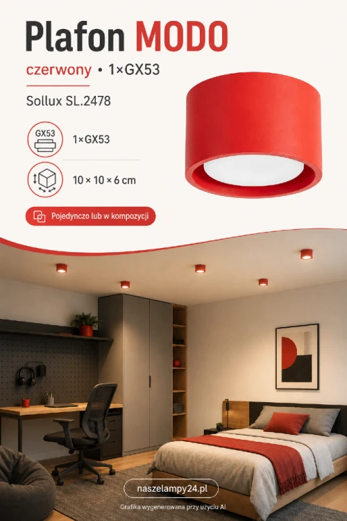 Nowoczesna lampa sufitowa MODO czerwona 1xGX53 Sollux SL.2478 jest montowana bezpośrednio przy suficie. Kompaktowa oprawa może stanowić pojedyncze światło lub element efektownej kompozycji z kilku plafonów