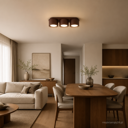 Brązowy plafon MODO Sollux SL.2484 z trzema oprawami GX53 łączy minimalistyczny wygląd z naturalną kolorystyką. Wymiary 32,4 × 10,4 × 8,2 cm pozwalają zamontować lampę także w niższym pomieszczeniu.