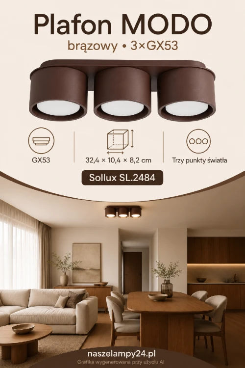 Plafon MODO Brown 3xGX53 marki Sollux wyróżnia się trzema cylindrycznymi oprawami ustawionymi w jednej linii. Brązowa lampa sufitowa sprawdzi się nad stołem, wyspą, barkiem oraz w salonie, kuchni lub domowym biurze.