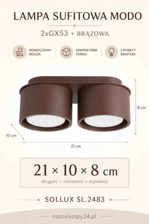 Nowoczesna lampa sufitowa MODO 2xGX53 Brown Sollux SL.2483 zachwyca prostą formą i brązowym wykończeniem. Wymiary 21 × 10 × 8 cm sprawiają, że plafon dobrze pasuje do niższych wnętrz. Idealny do salonu, sypialni, kuchni i holu. Odkryj brązowy plafon MODO.