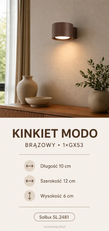 Nowoczesny kinkiet MODO Brown 1xGX53 marki Sollux zachwyca prostą formą i eleganckim brązowym kolorem. Niewielka lampa ścienna sprawdzi się w korytarzu, salonie, sypialni lub gabinecie. Wymiary: 10 × 12 × 6 cm.