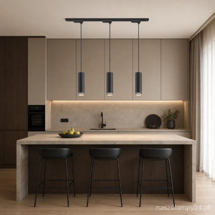 Czarna lampa szynowa PIPE RING TRACK 3xGU10 Milagro ML2079 doskonale sprawdzi się nad wyspą, stołem lub blatem. Zestaw obejmuje szynę 1 m i trzy smukłe zwisy. Maksymalna wysokość 129 cm może zostać skrócona.