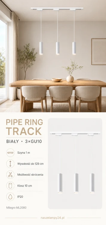 Biała lampa szynowa PIPE RING TRACK 3xGU10 Milagro ML2080 doskonale sprawdzi się nad stołem, wyspą kuchenną lub blatem. Zestaw obejmuje szynę 100 cm i trzy cylindryczne zwisy. Maksymalną wysokość 129 cm można skrócić.