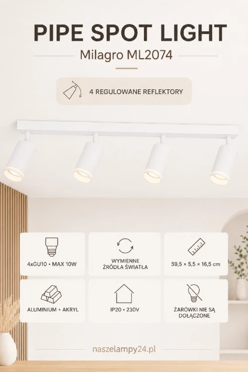 Lampa sufitowa PIPE ML2074 w kolorze białym oferuje cztery regulowane punkty światła GU10. Aluminiowa oprawa o długości 59,5 cm sprawdzi się nad blatem, stołem, w garderobie lub korytarzu. Żarówki należy dokupić osobno.