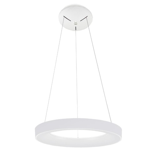 Lampa wisząca GIULIA Italux 40W LED w białym kolorze zapewnia 2200 lm i ciepłą barwę 3000K. Pierścieniowa forma, średnica 48 cm oraz regulowana wysokość do 120 cm sprawdzą się nad stołem, wyspą i w salonie.