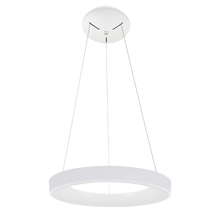Lampa wisząca GIULIA Italux 40W LED w białym kolorze zapewnia 2200 lm i ciepłą barwę 3000K. Pierścieniowa forma, średnica 48 cm oraz regulowana wysokość do 120 cm sprawdzą się nad stołem, wyspą i w salonie.