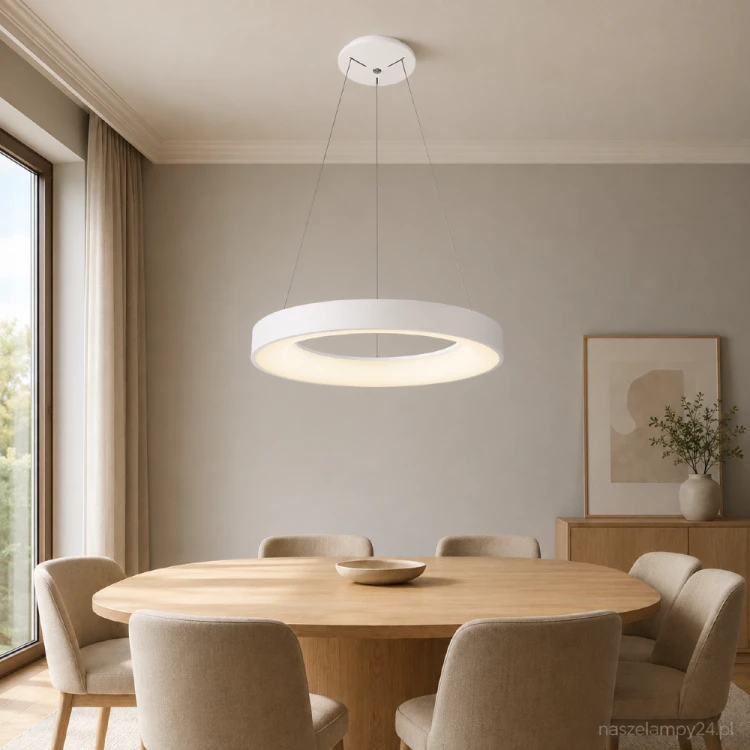 Biała lampa sufitowa GIULIA Italux zachwyca nowoczesną formą pierścienia. Zintegrowany LED 40W emituje 2200 lm światła o ciepłej barwie 3000K. Regulowane zawieszenie pozwala dopasować lampę do jadalni, kuchni lub salonu.
