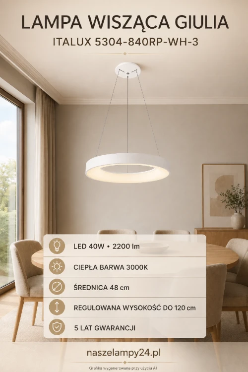 ChatGPT Image 1 sie 2026, 09GIULIA Italux to nowoczesna lampa wisząca LED 40W wykonana z aluminium i akrylu. Biały pierścień o średnicy 48 cm zapewnia ciepłe światło 3000K i 2200 lm. Doskonały wybór nad stół, wyspę kuchenną lub do salonu.29_28.png