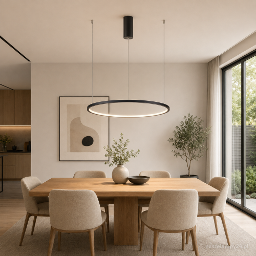 Czarna lampa sufitowa VINOLA Ring LED 38W zapewnia 3040 lm i wybór ciepłej lub neutralnej barwy światła. Smukły pierścień o średnicy 60 cm pasuje do nowoczesnej jadalni, kuchni, salonu, sypialni oraz biura.