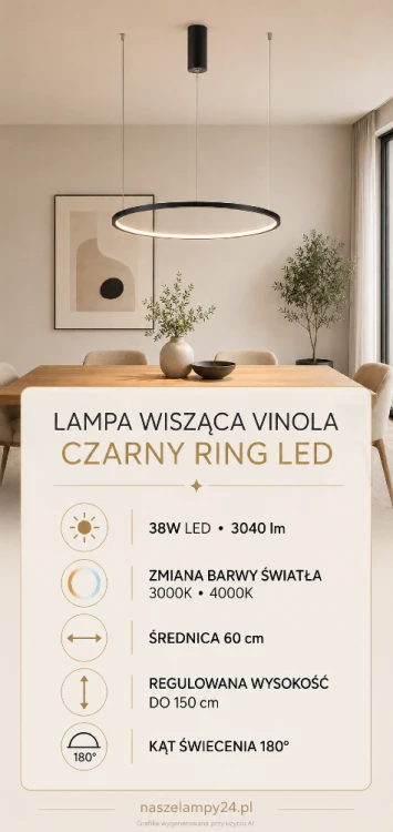 VINOLA to nowoczesna lampa wisząca z czarnym pierścieniem LED o średnicy 60 cm. Moc 38W, strumień 3040 lm i zmiana barwy 3000K/4000K zapewniają funkcjonalne oświetlenie nad stół, wyspę kuchenną lub do salonu.