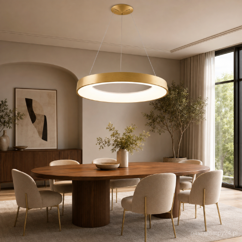 Lampa sufitowa GIULIA Italux zachwyca dużym pierścieniem w kolorze szczotkowanego złota. Zintegrowany LED 80W emituje 4400 lm światła 3000K. Model jest ściemnialny, ma średnicę 80 cm i regulowaną wysokość do 120 cm