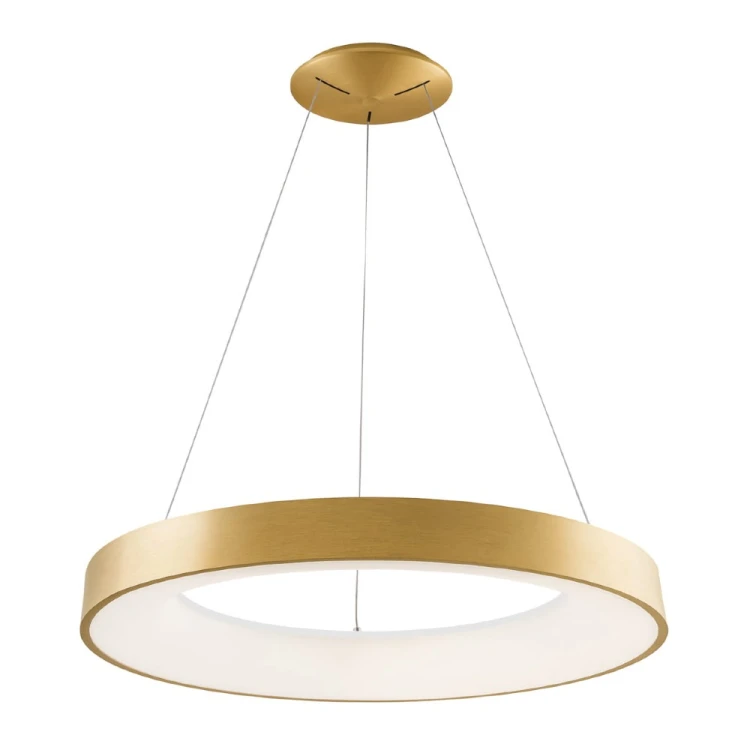 Nowoczesna lampa wisząca GIULIA LED 80W łączy formę dużego pierścienia ze szczotkowanym złotem. Zapewnia 4400 lm ciepłego światła 3000K, możliwość ściemniania oraz regulację wysokości do 120 cm. Średnica lampy wynosi 80 cm.
