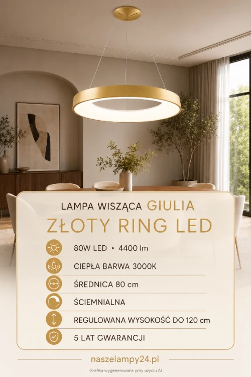 GIULIA 5304-880RP-GD-3 to złota lampa wisząca LED o średnicy 80 cm. Oferuje moc 80W, strumień 4400 lm, ciepłą barwę 3000K i funkcję ściemniania. Doskonała nad stół, wyspę kuchenną lub do przestronnego salonu.