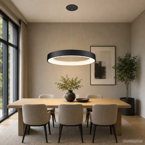 Czarna lampa sufitowa GIULIA Italux LED 80W zachwyca pierścieniem o średnicy 80 cm. Oferuje 4400 lm, ciepłą barwę 3000K i możliwość ściemniania. Doskonale prezentuje się nad stołem, wyspą kuchenną lub w salonie