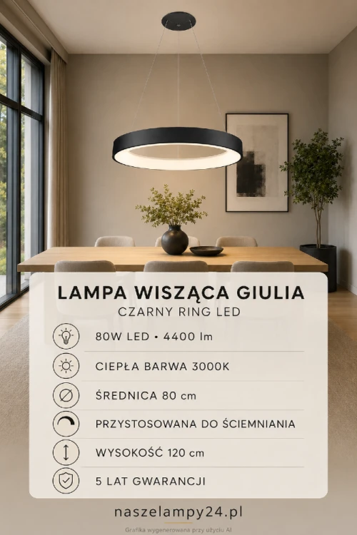 GIULIA Italux to nowoczesna lampa wisząca w formie czarnego ringu LED. Średnica 80 cm, moc 80W, 4400 lm i barwa 3000K sprawdzą się w przestronnych wnętrzach. Model jest przystosowany do ściemniania.