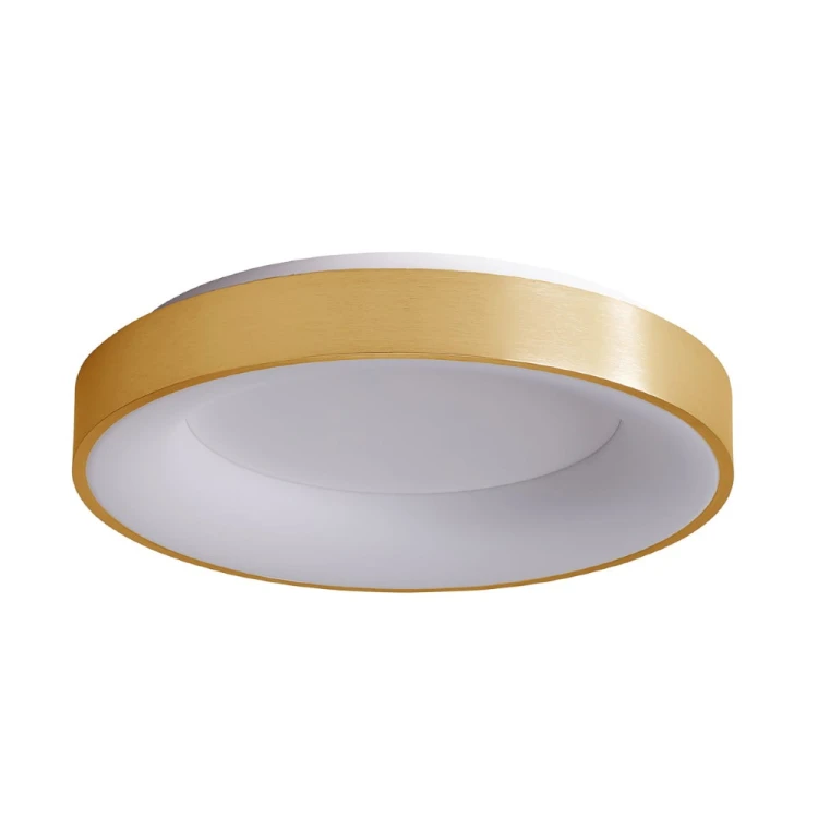 GIULIA Italux to nowoczesna lampa sufitowa LED w formie złotego pierścienia. Plafon o średnicy 60 cm emituje ciepłe światło 3000K. Niski profil i moc 50W sprawiają, że model pasuje do dużego salonu, jadalni i sypialni.