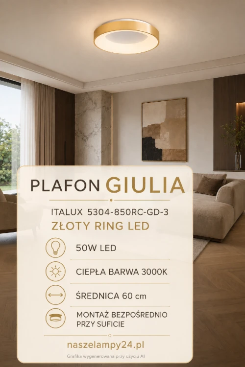 Plafon GIULIA 50W LED zachwyca pierścieniową formą i wykończeniem w kolorze szczotkowanego złota. Średnica 60 cm i światło 3000K sprawdzą się w nowoczesnym salonie, sypialni, kuchni, jadalni lub eleganckim biurze