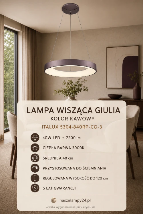 GIULIA 5304-840RP-CO-3 to kawowa lampa wisząca LED o średnicy 48 cm. Oferuje moc 40W, strumień 2200 lm i ciepłą barwę 3000K. Doskonała nad stół, wyspę kuchenną lub do salonu, jadalni i sypialni.