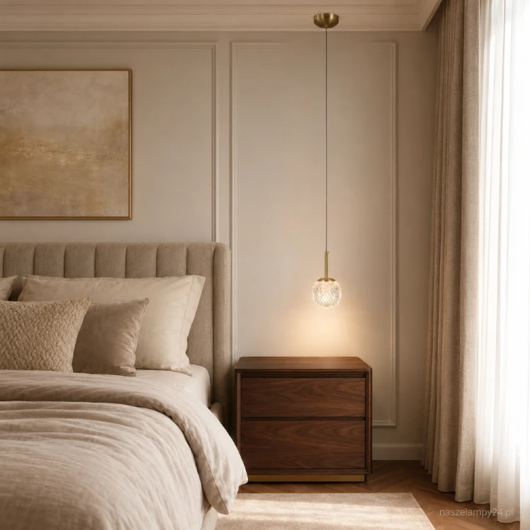 Złota lampa sufitowa PADRI 1xG9 zachwyca kulistym kloszem z dekoracyjnie formowanego szkła. Smukłe zawieszenie i eleganckie wykończenie pasują do sypialni, salonu, jadalni, garderoby oraz nowoczesnego holu.
