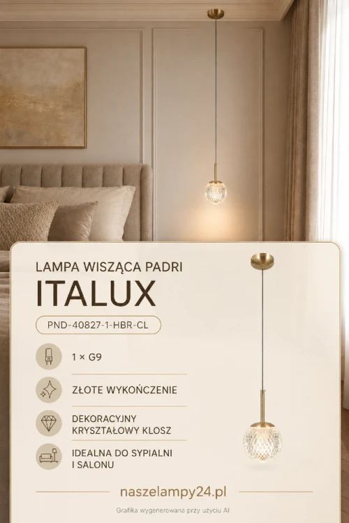 PADRI Italux to elegancka lampa wisząca z pojedynczym kryształowym kloszem i złotymi detalami. Oprawa na żarówkę G9 efektownie prezentuje się nad stolikiem nocnym, w salonie, przedpokoju lub przy toaletce.