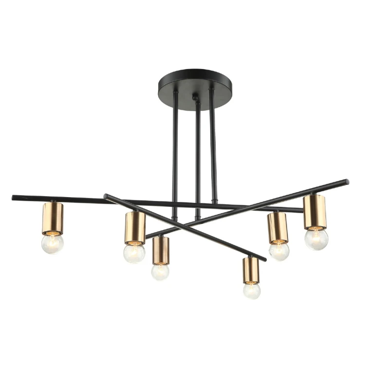 Lampa sufitowa NORMANI Italux 6×E27 zachwyca geometryczną konstrukcją w kolorze czarnym i brązowym. Szerokość 80 cm oraz sześć punktów światła sprawiają, że doskonale pasuje do nowoczesnego salonu, jadalni i kuchni.
