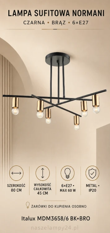 Lampa NORMANI MDM3658/6 BK+BRO łączy loftową czerń, brązowe oprawki i sześć źródeł światła E27. Oryginalne krzyżujące się ramiona tworzą dekoracyjne oświetlenie do jadalni, salonu, kuchni lub gabinetu.