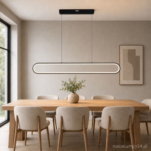 Nowoczesna lampa wisząca FRAME 42W LED wyróżnia się czarną ramą z pustym środkiem. Strumień 3000 lm i barwa 4000K zapewniają komfortowe światło w jadalni, kuchni, salonie lub biurze. Model Milagro ML1046.