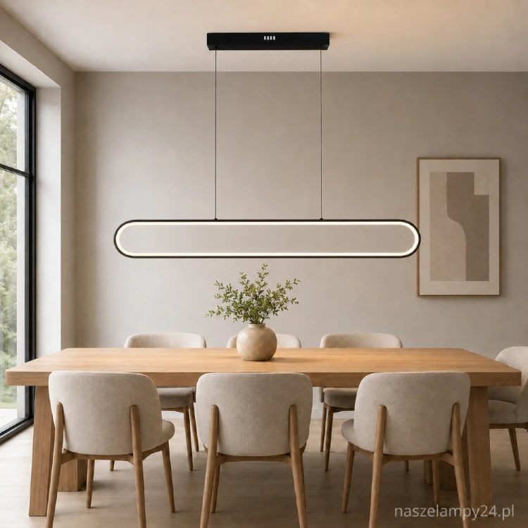 Nowoczesna lampa wisząca FRAME 42W LED wyróżnia się czarną ramą z pustym środkiem. Strumień 3000 lm i barwa 4000K zapewniają komfortowe światło w jadalni, kuchni, salonie lub biurze. Model Milagro ML1046.