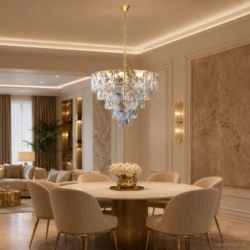 Kryształowy żyrandol CHELSEA ML6002 Milagro w kolorze złotym – elegancka lampa sufitowa do salonu i jadalni. Szerokość 50 cm, wysokość regulowana 50–100 cm, 6 oprawek E14 zapewnia efektowne i dekoracyjne oświetlenie wnętrza.