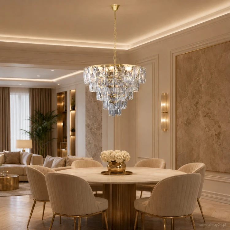 Kryształowy żyrandol CHELSEA ML6002 Milagro w kolorze złotym – elegancka lampa sufitowa do salonu i jadalni. Szerokość 50 cm, wysokość regulowana 50–100 cm, 6 oprawek E14 zapewnia efektowne i dekoracyjne oświetlenie wnętrza.