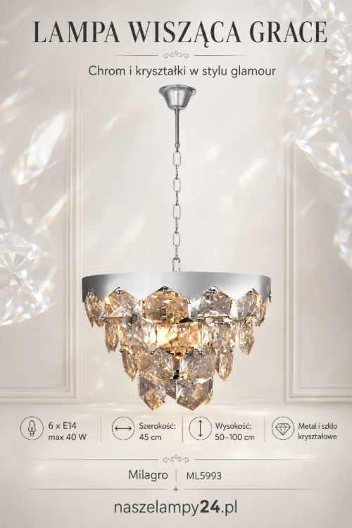 Lampa GRACE ML5993 łączy chromowany metal z efektownym szkłem kryształowym. Kaskadowa forma pięknie odbija światło, a sześć punktów E14 dobrze oświetla wnętrze. Elegancki wybór nad stół oraz do salonu, jadalni i sypialni.